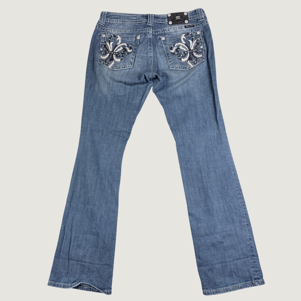 Miss Me JP6073B Bootcut Jeans Blue Fleur De Lis Rhinestone Embellished Size 31